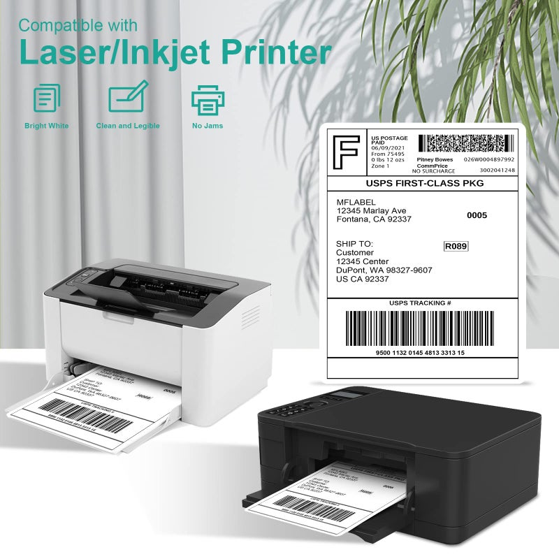 MFLABEL ورق ملصقات كامل MFLABEL - 25 ورقة 8.5" × 11" ملصقات فينيل بيضاء غير لامعة قابلة للطباعة لطابعات الحبر وطابعات الليزر، لاصق دائم للشحن، العنوان، التعبئة والتغليف والحرف اليدوية DIY - Image 5